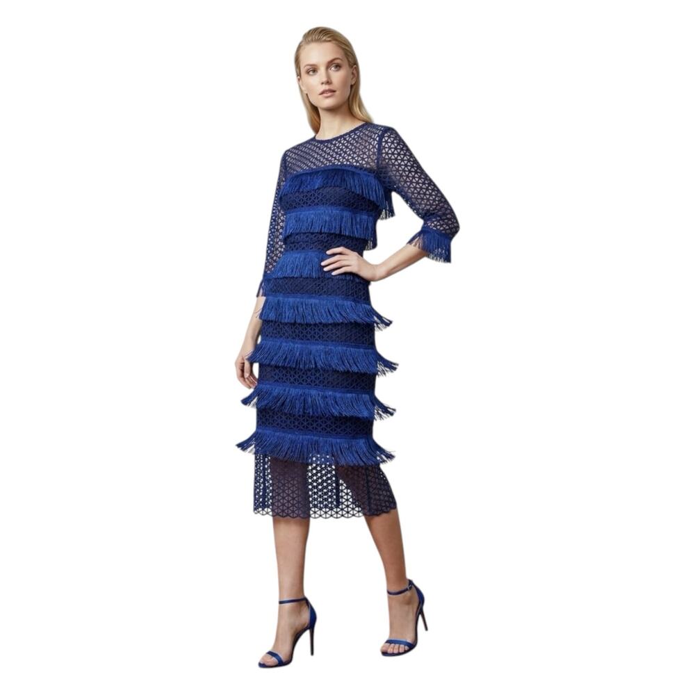 Mark + James by Badgley Mischka Cobalt Blue Tiered Fringe Lace  Dress Size 8